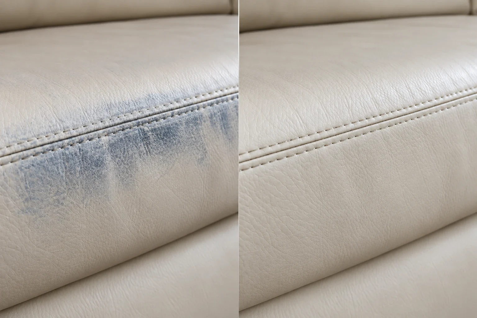 Blue denim transfer along a beige leather seat edge, before and after treatment