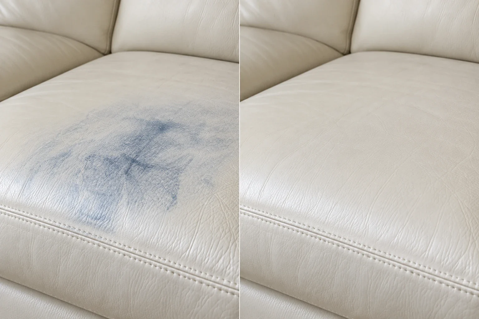 Blue denim transfer on an ivory sofa cushion, before and after treatment
