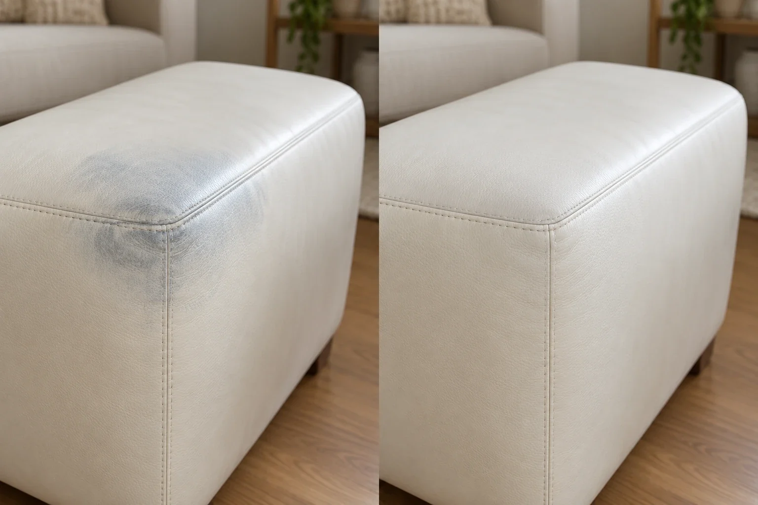 Blue grey mark on an ivory leather ottoman corner, before and after treatment