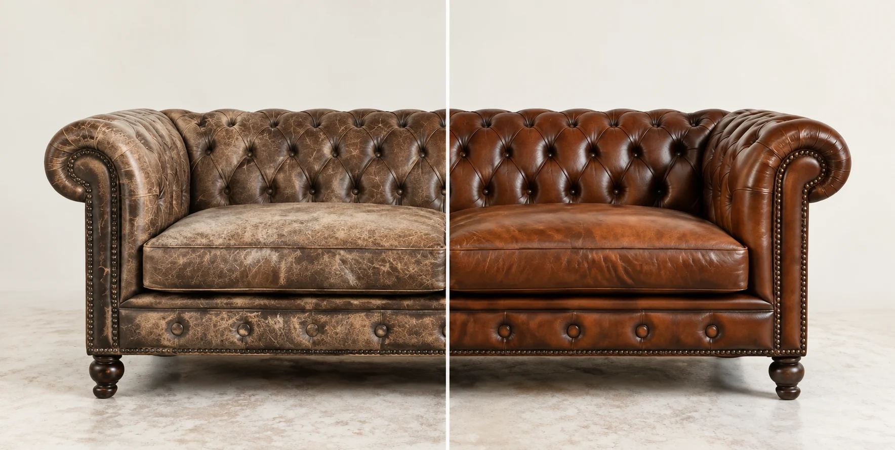 Brown chesterfield, worn on the left half and restored on the right