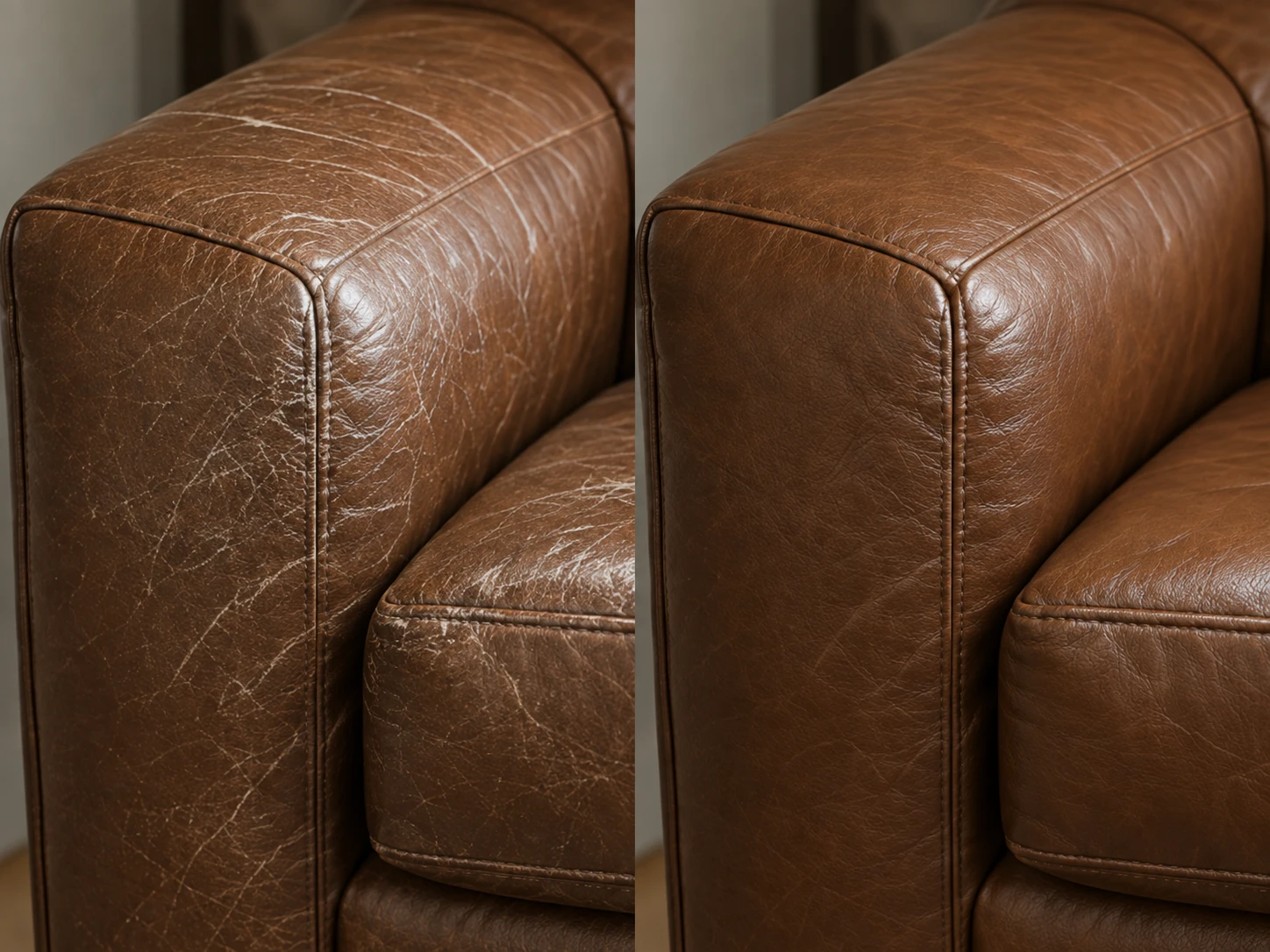 Brown arm roll covered in fine scratches on the left, clean and sealed on the right