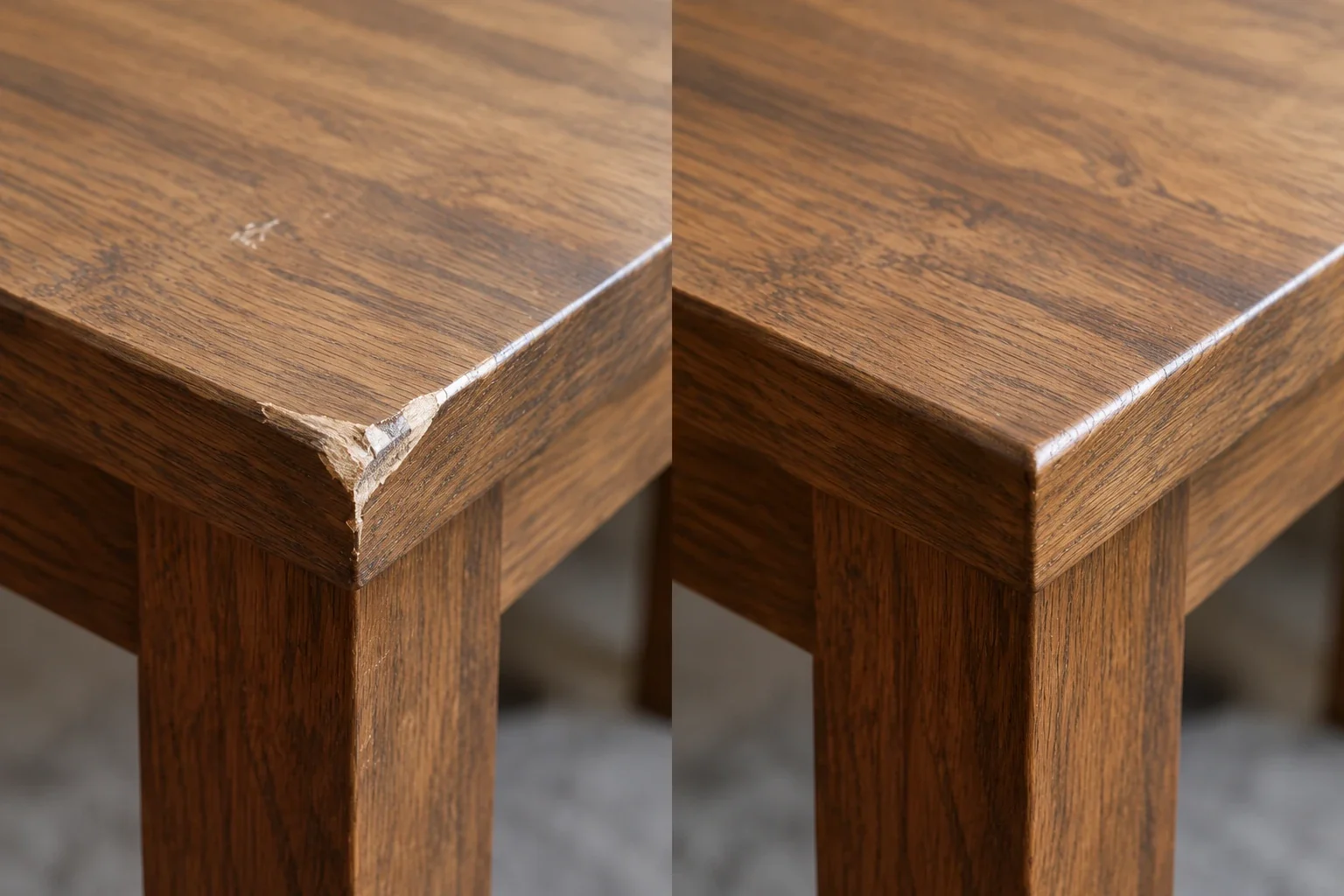 Chipped oak dining table corner beside the same corner rebuilt and blended