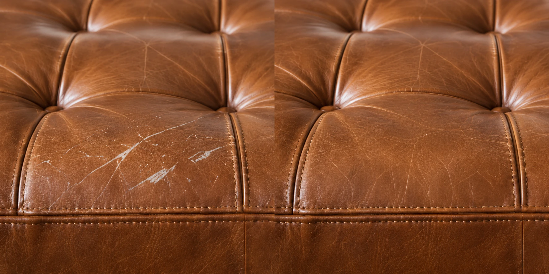 Cognac tufted cushion with a pale scuff on the left, grain intact and even on the right