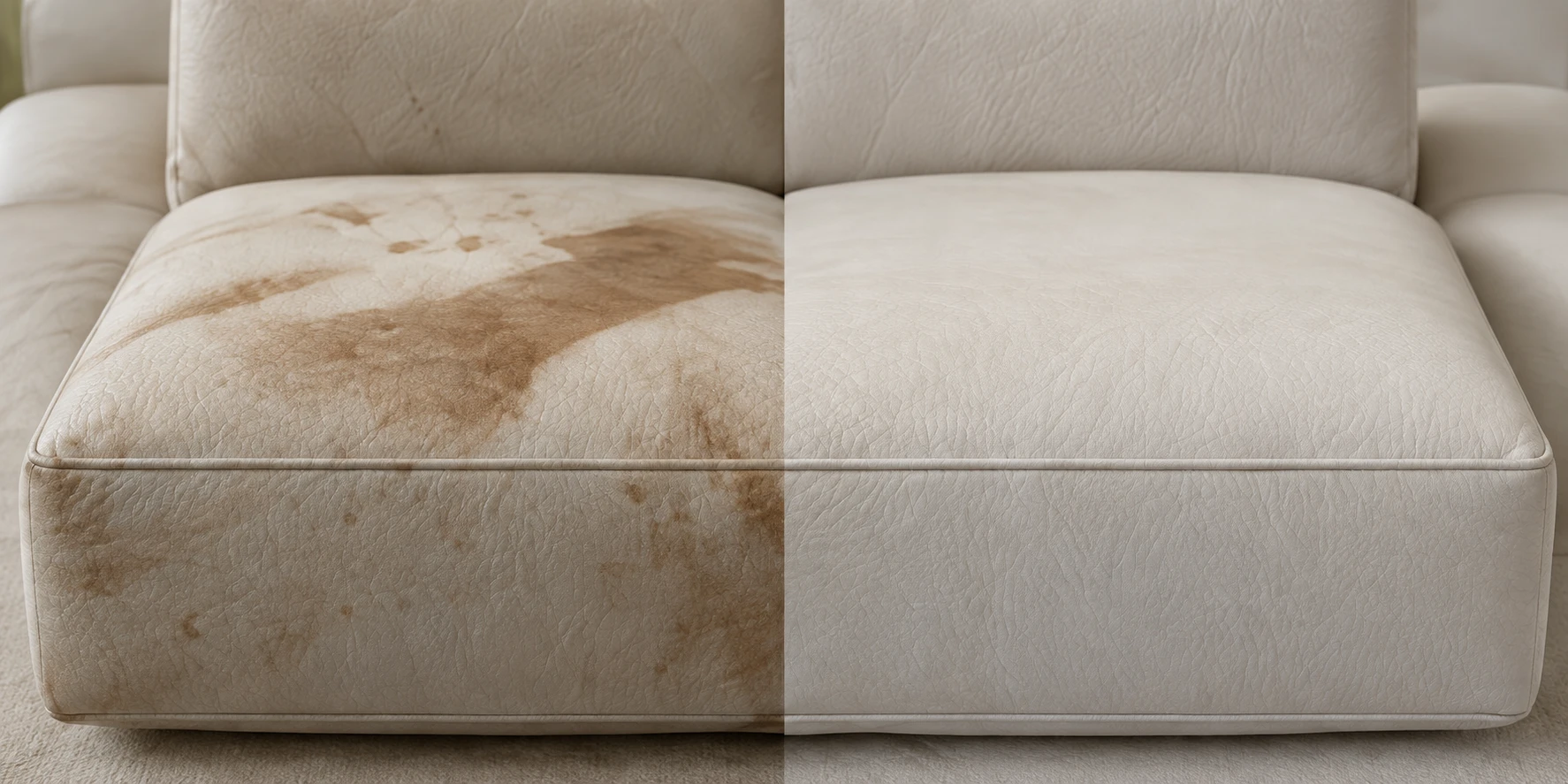 Cream seat cushion heavily stained on the left, clean and even on the right