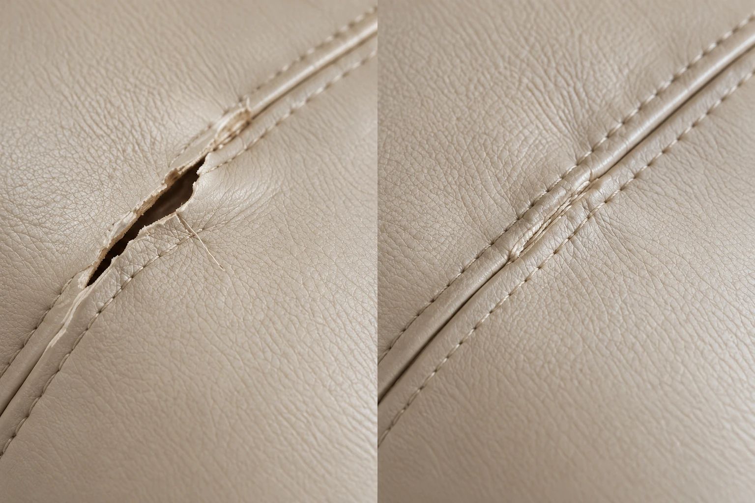 Cream leather seam split open on the left, restitched and closed on the right