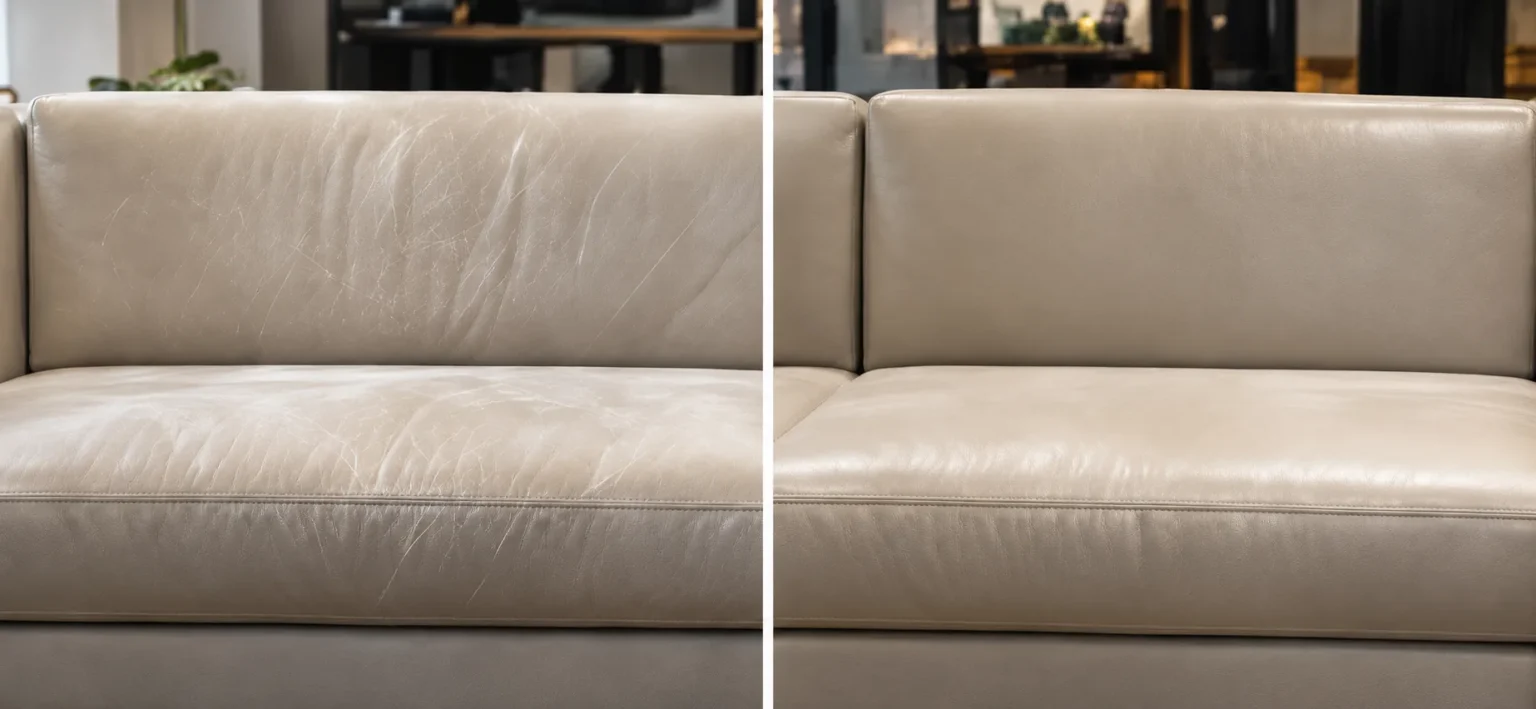 Cream leather sofa seat before and after scratch repair