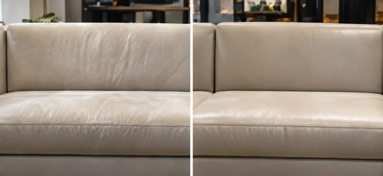 Cream sofa before and after leather scratch repair