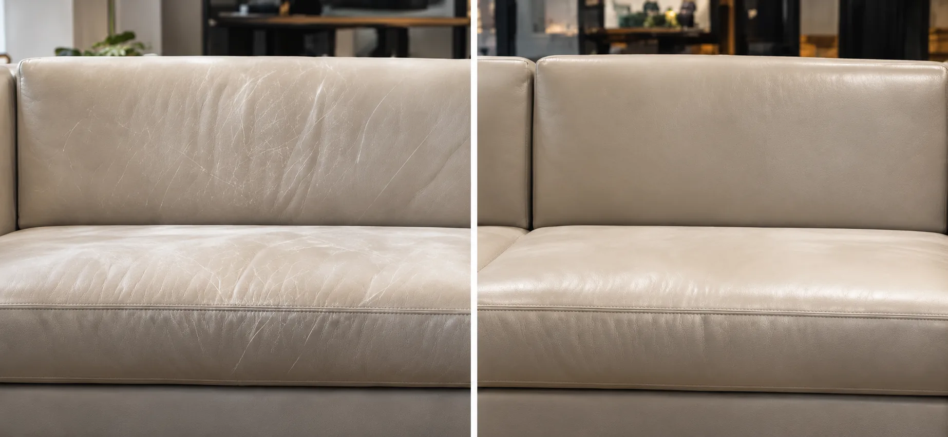 A cream leather sofa with scratches, and the same sofa repaired