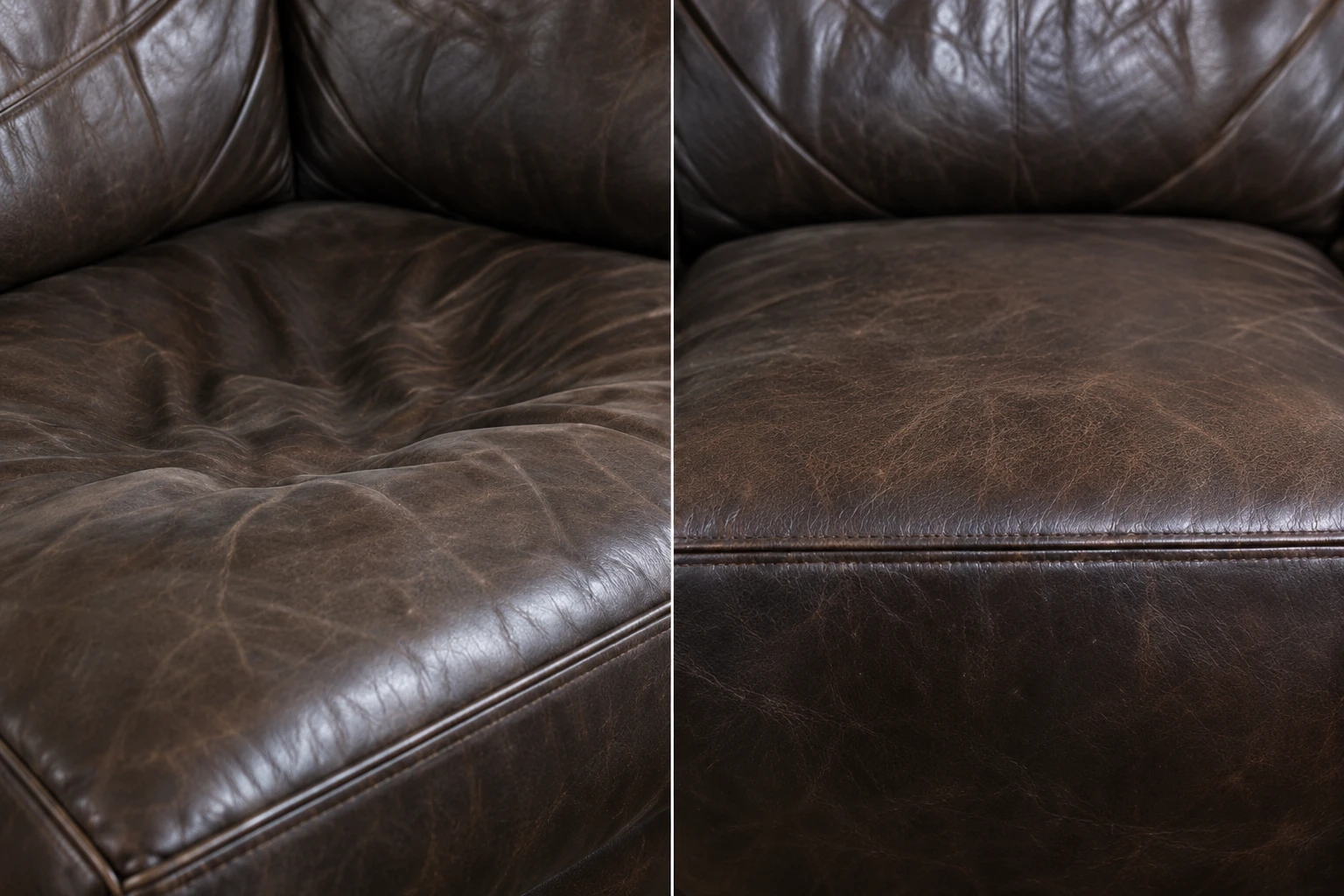Dark brown cushion sunk in the middle on the left, level and supported on the right