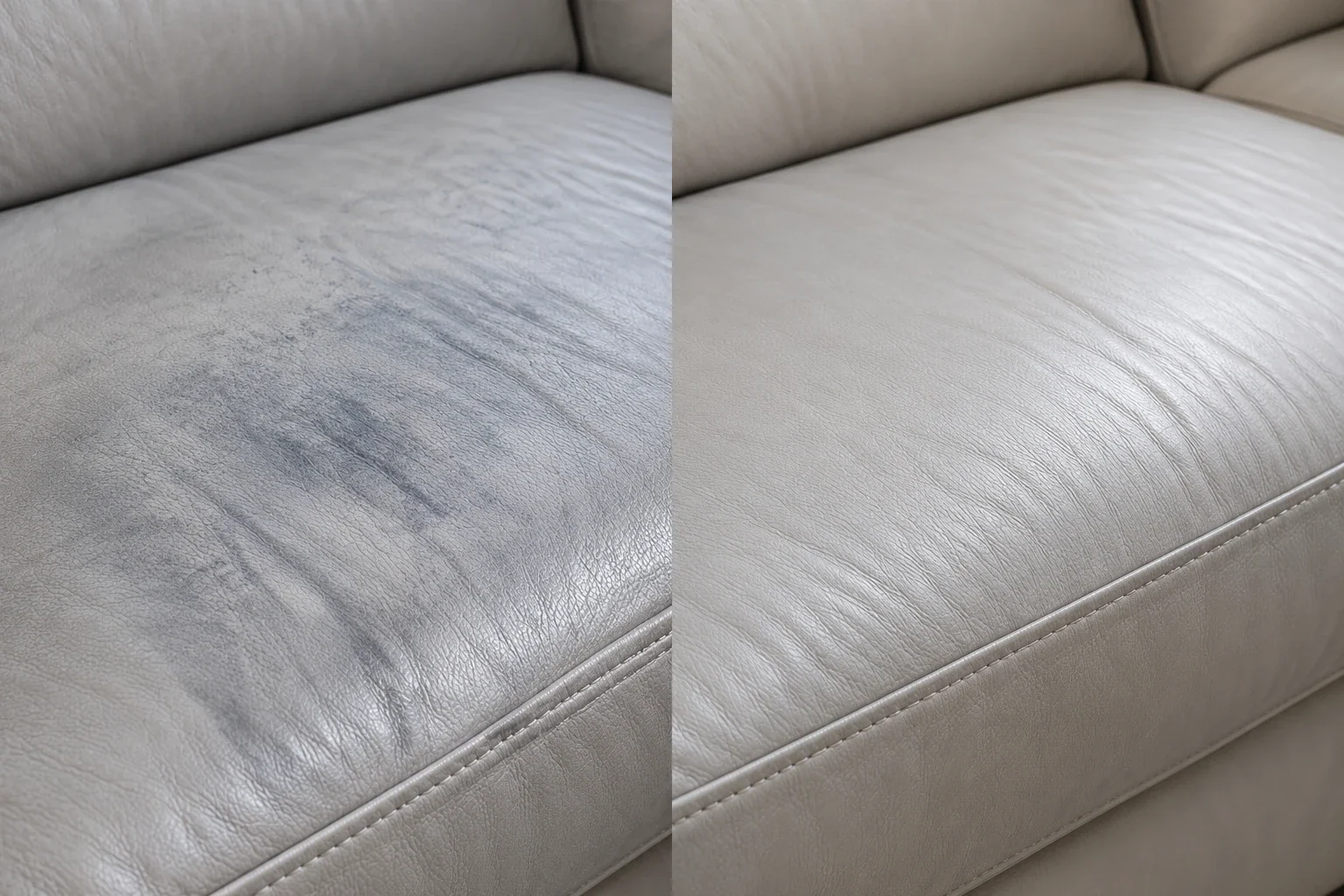 Dark denim transfer on a light grey sectional seat, before and after treatment