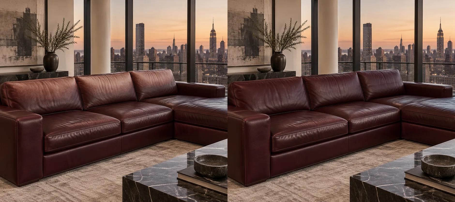 Before and after color restoration on the sun-faded back of a designer leather sectional