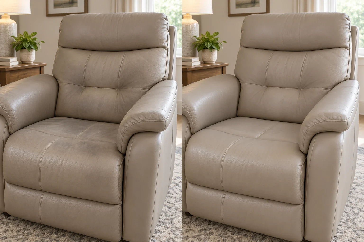 Discoloration on a light taupe leather recliner, before and after treatment