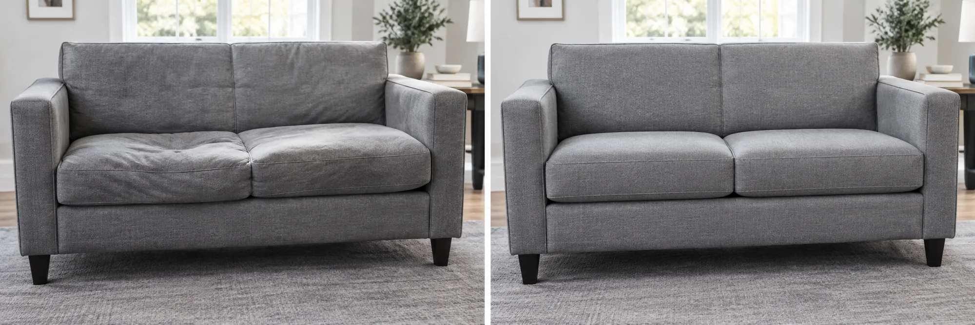 Before and after cushion support work on a fabric commercial sofa