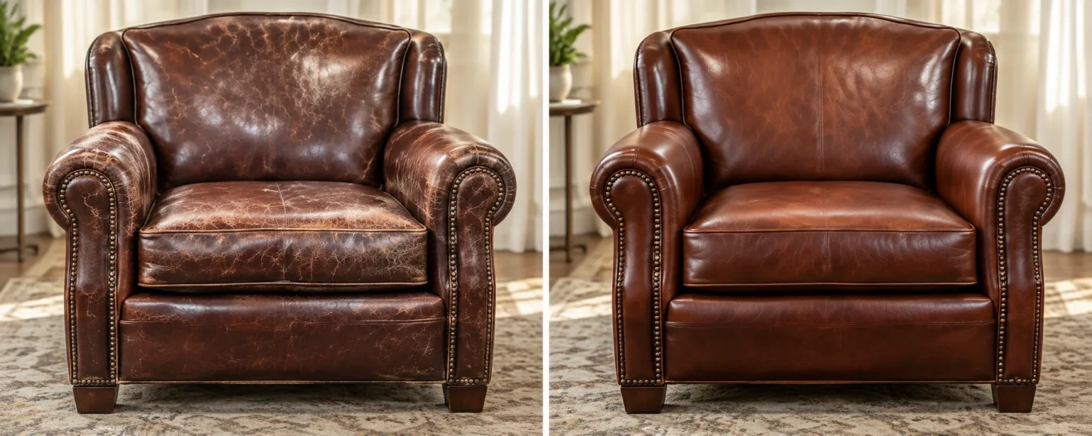 Faded oxblood leather club chair before and after restoration