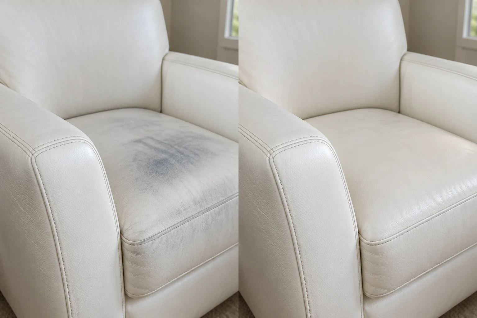 Grey garment transfer on a white leather armchair, before and after treatment