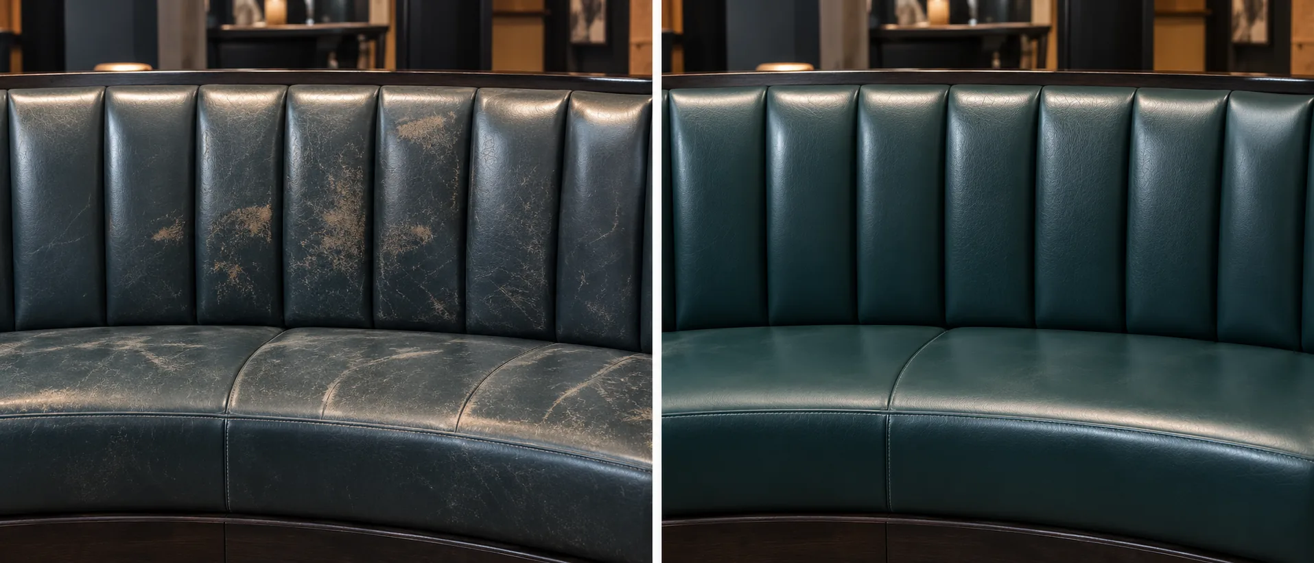 A green banquette before and after restoration