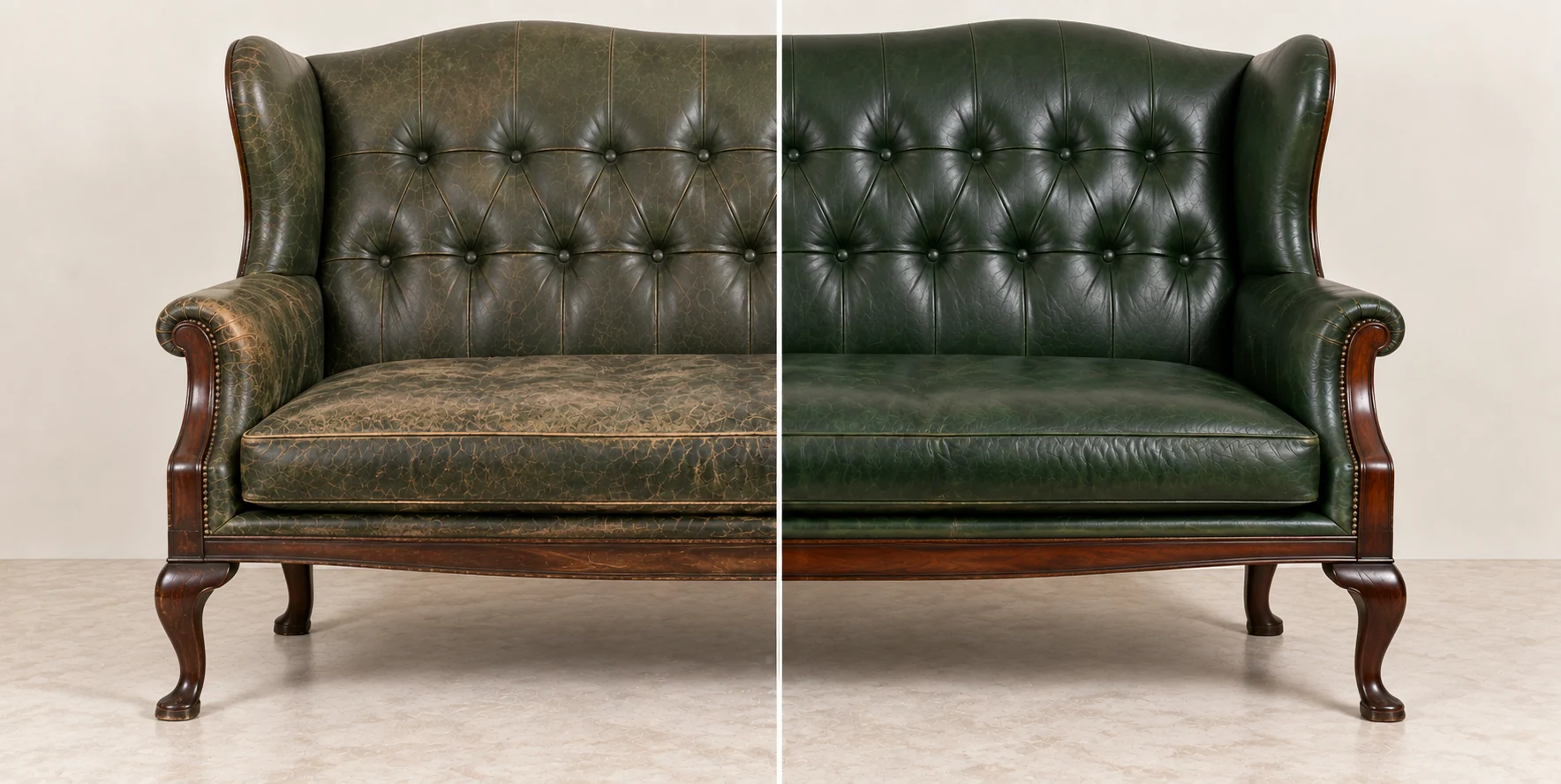 Green wingback settee, worn on the left half and restored on the right