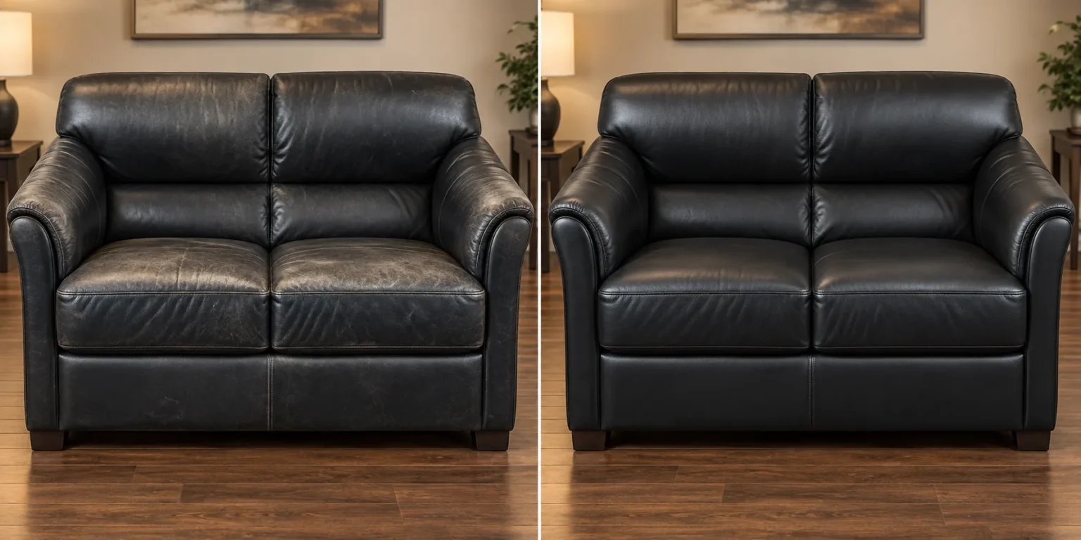 Lobby loveseat before and after repair