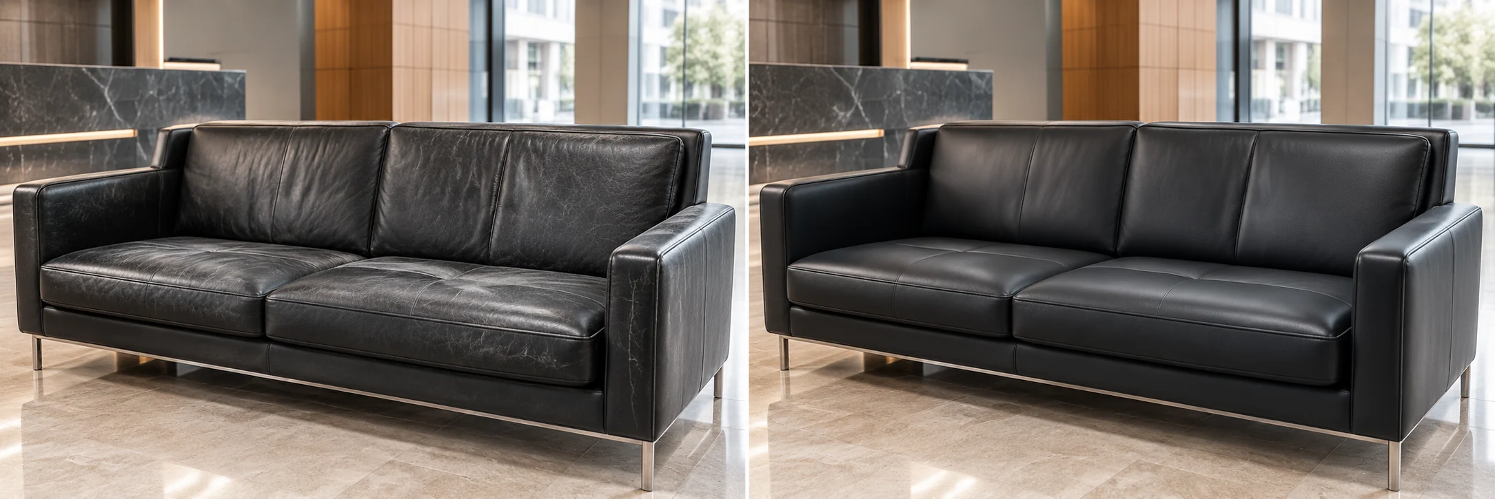 Lobby leather sofa before and after cushion and colour restoration