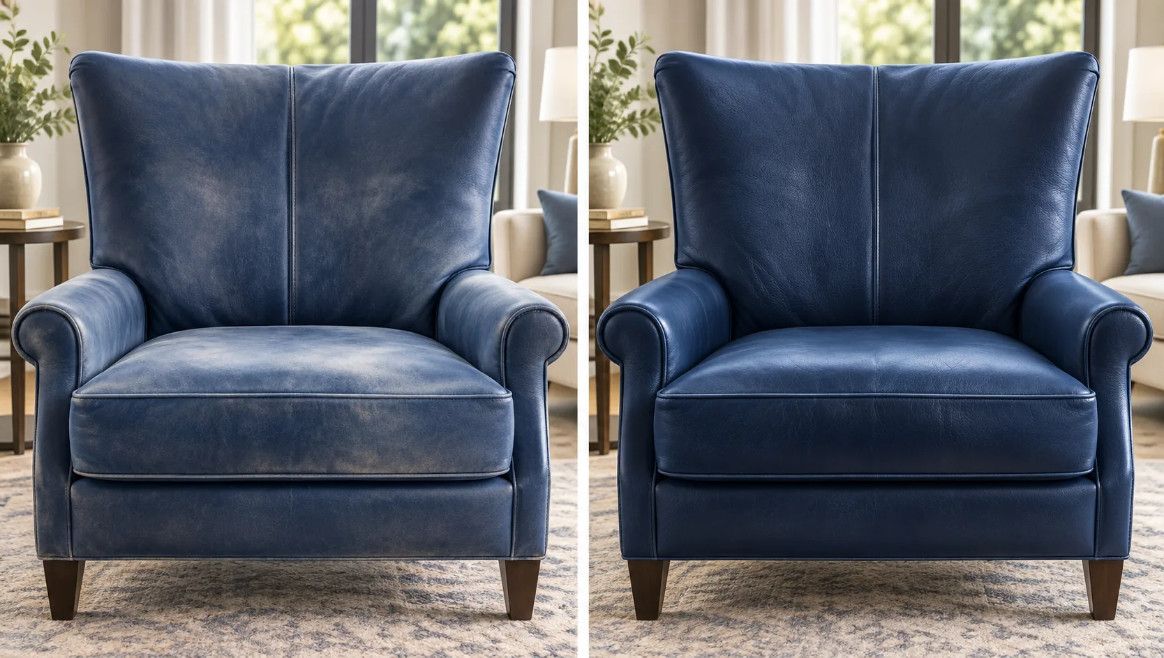 Faded navy leather armchair before and after colour restoration