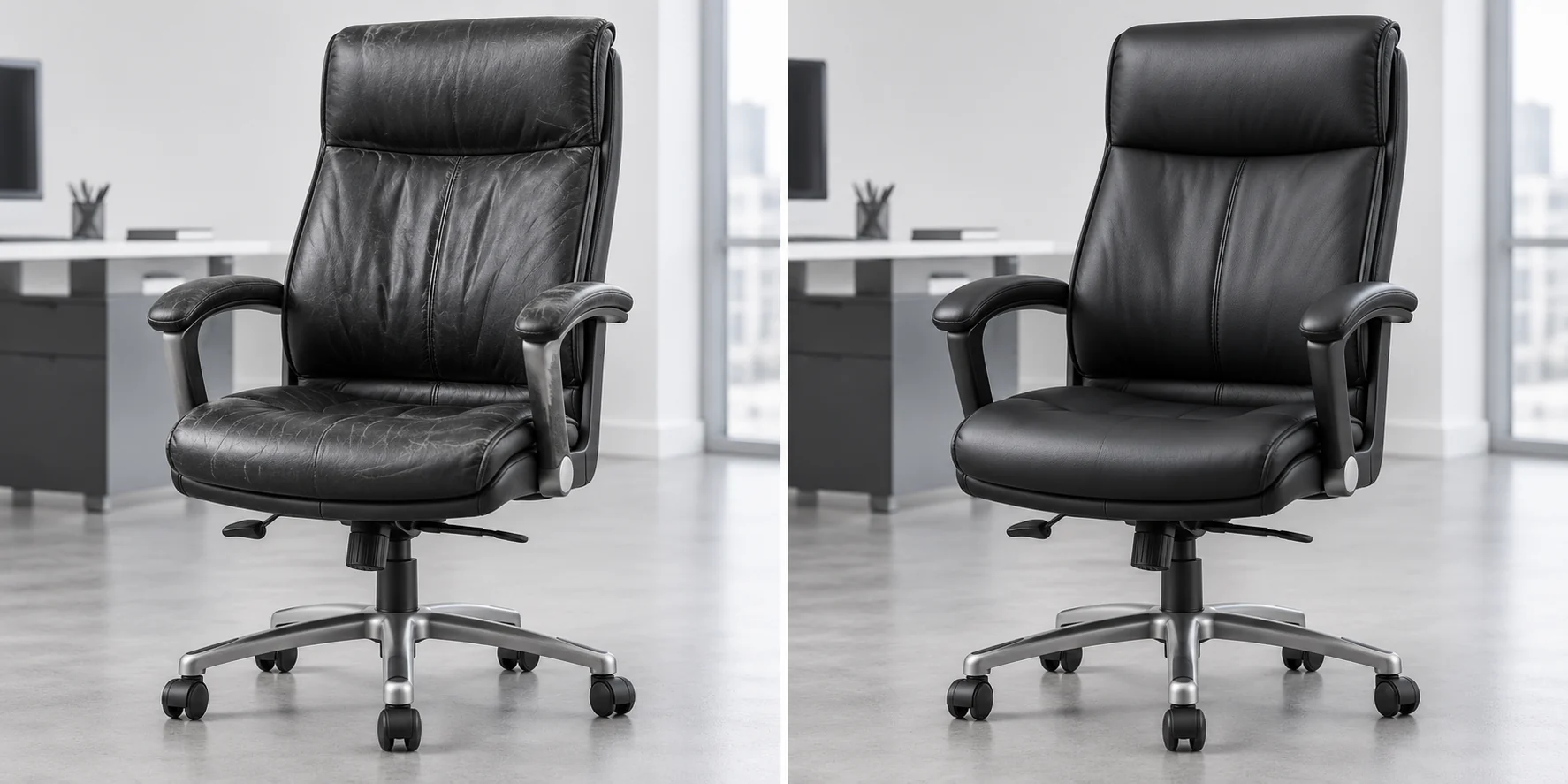 Executive office chair before and after leather restoration