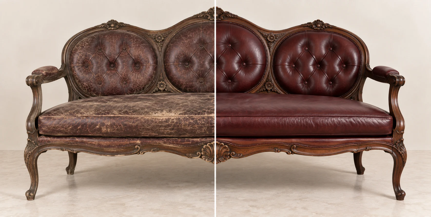 Oxblood medallion-back settee, worn on the left half and restored on the right