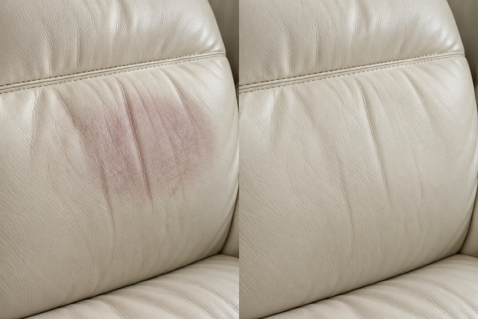 Muted red pillow transfer on a cream leather backrest, before and after treatment