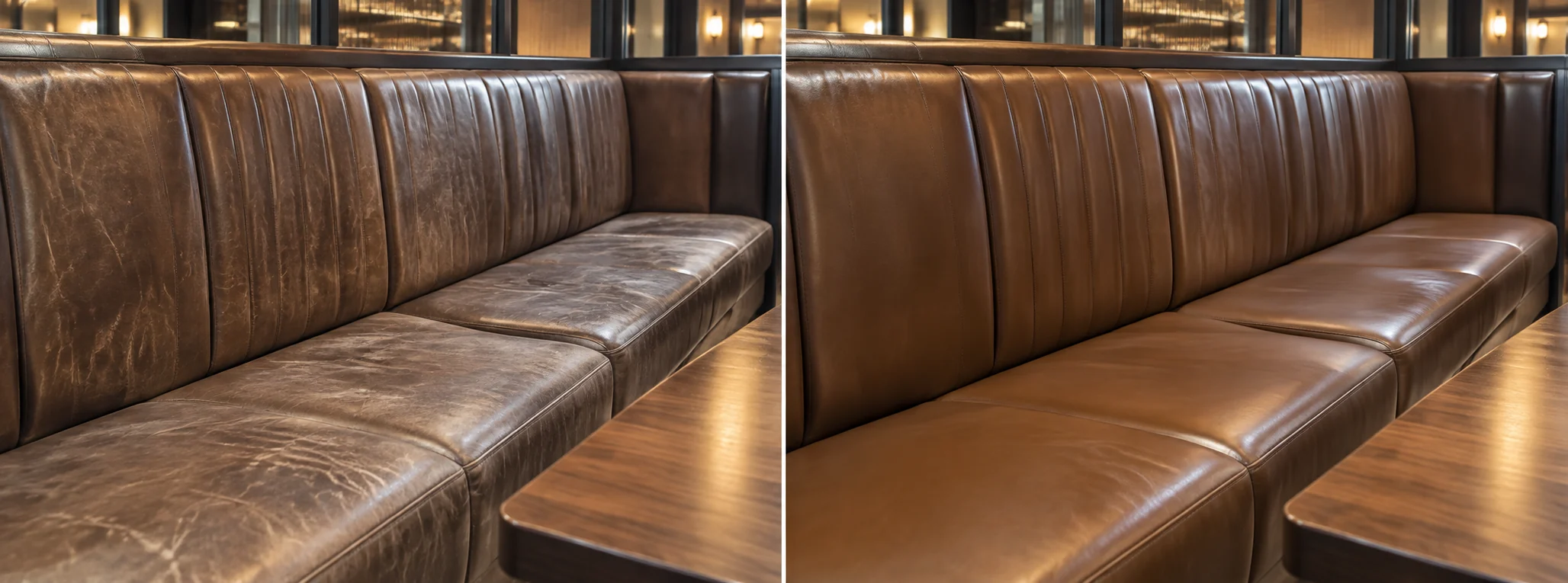 Restaurant banquette before and after leather colour restoration