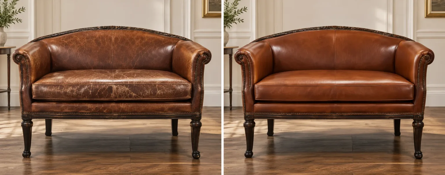 Scratched antique leather settee before and after repair