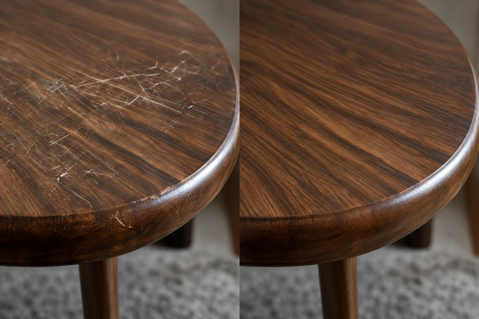 Scratched walnut coffee table top beside the same top refinished smooth