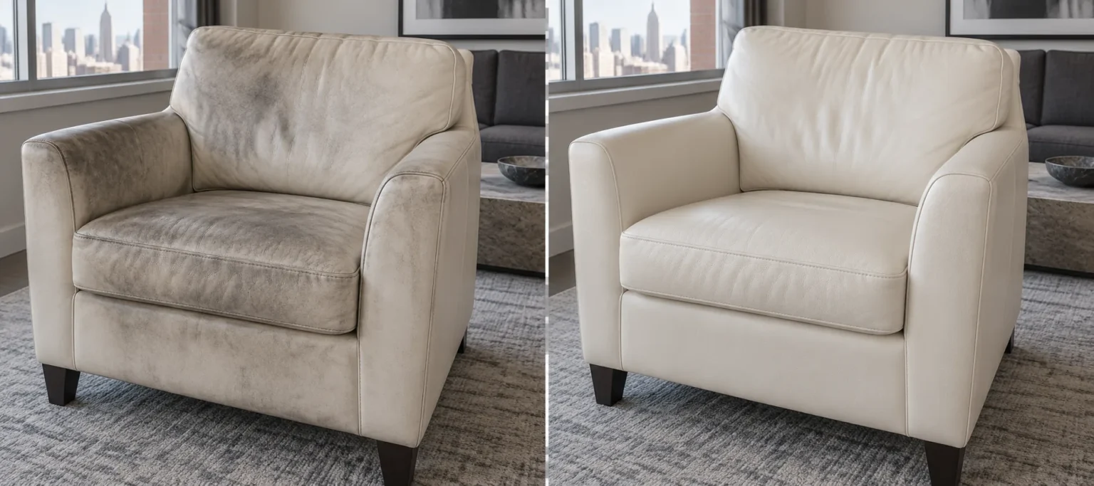Cream leather armchair with smoke film before and after cleaning and refinishing