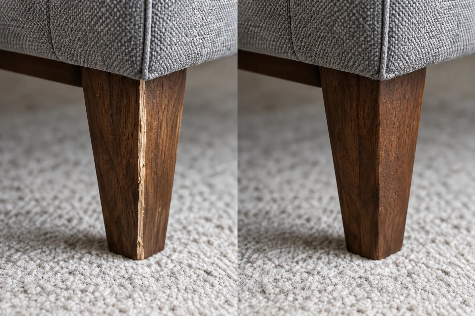 Split wooden sofa leg beside the same leg glued, filled and refinished