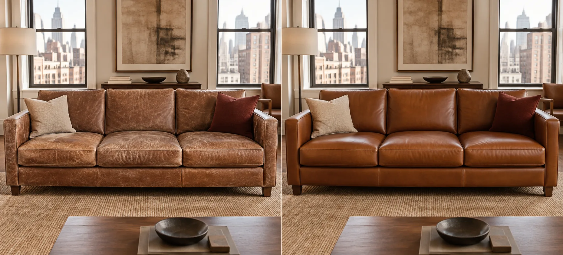 A tired leather sofa, and the same sofa restored and photo ready