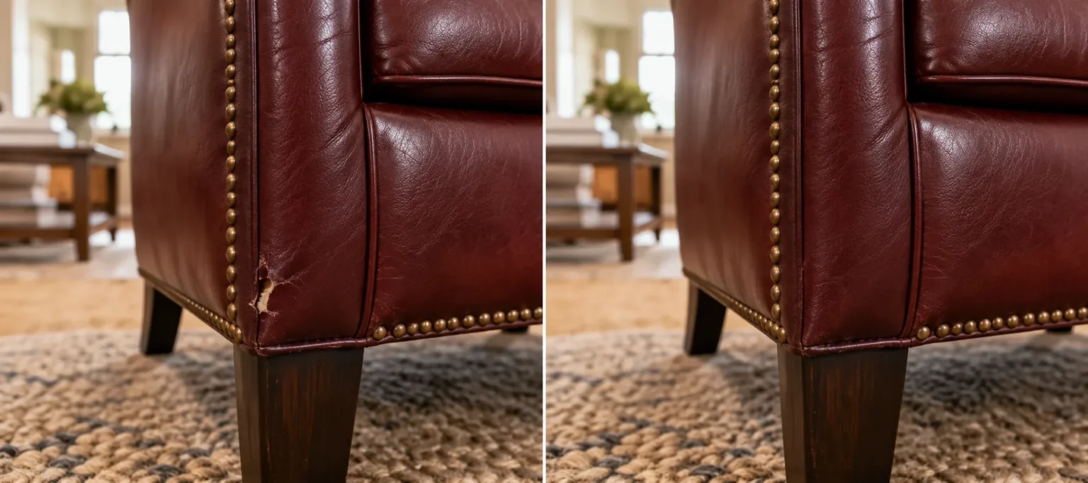 Oxblood leather staging armchair with a torn corner before and after repair