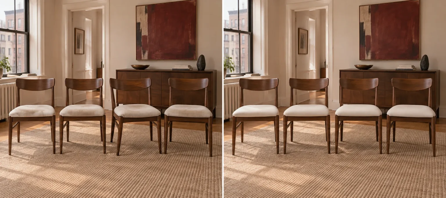 Set of staging dining chairs before and after the seats were refreshed