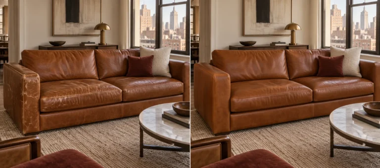 Sofa after a move before and after leather scratch repair