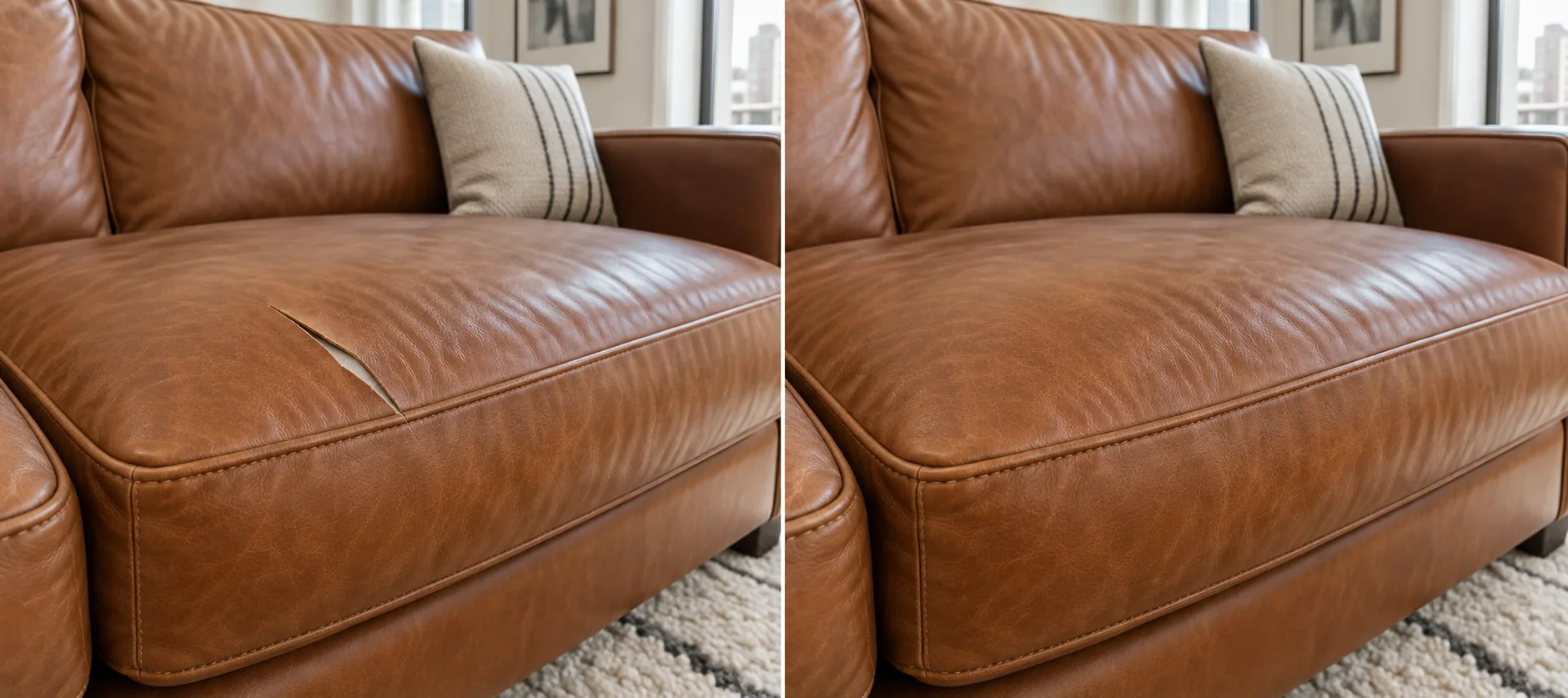 A torn leather cushion panel, and the same panel closed and blended