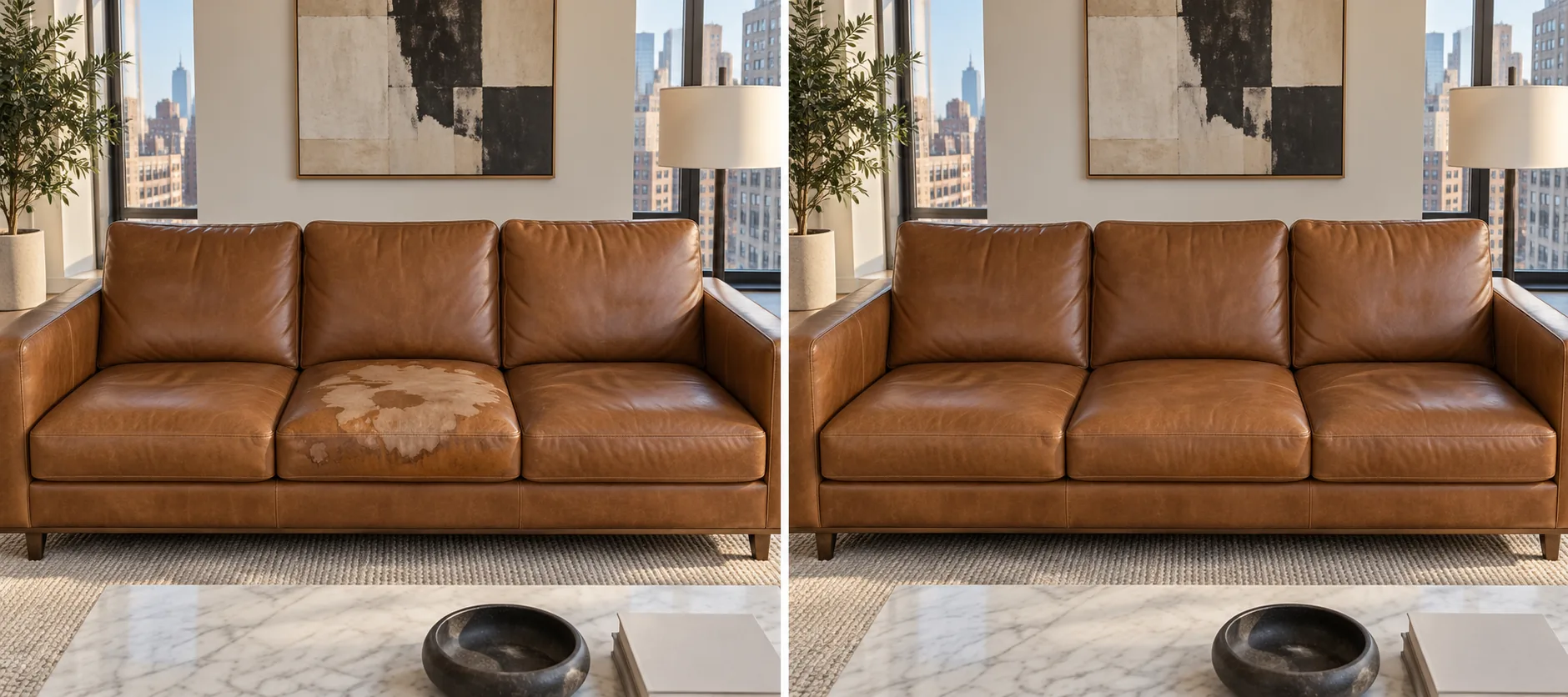 A water-stained leather sofa, and the same sofa cleaned and evened out
