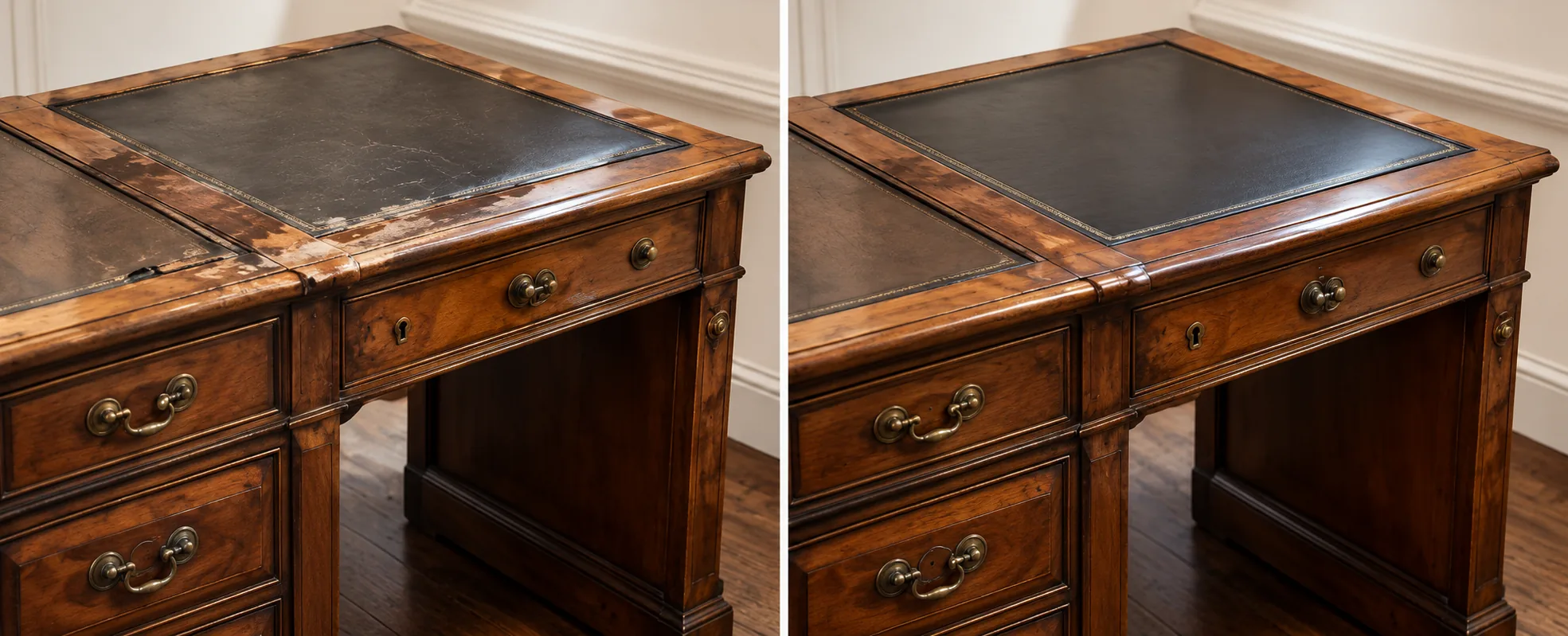 A worn leather desk top, and the same desk top refinished