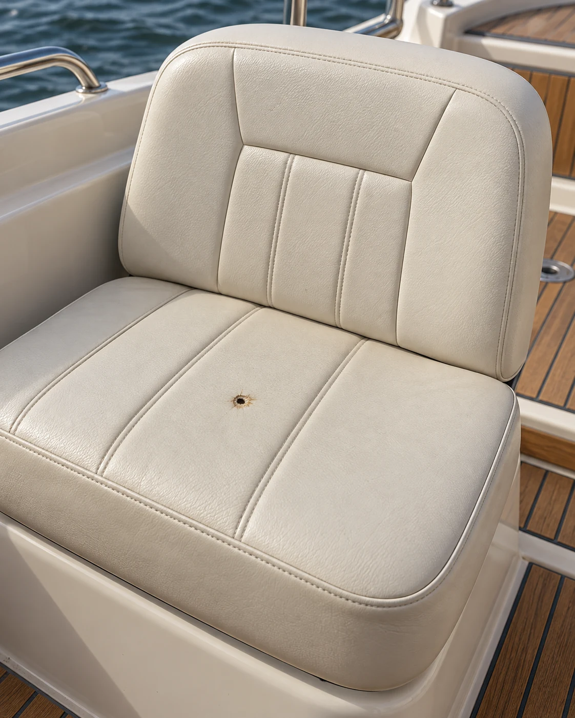 A burn hole in the middle of a boat seat cushion