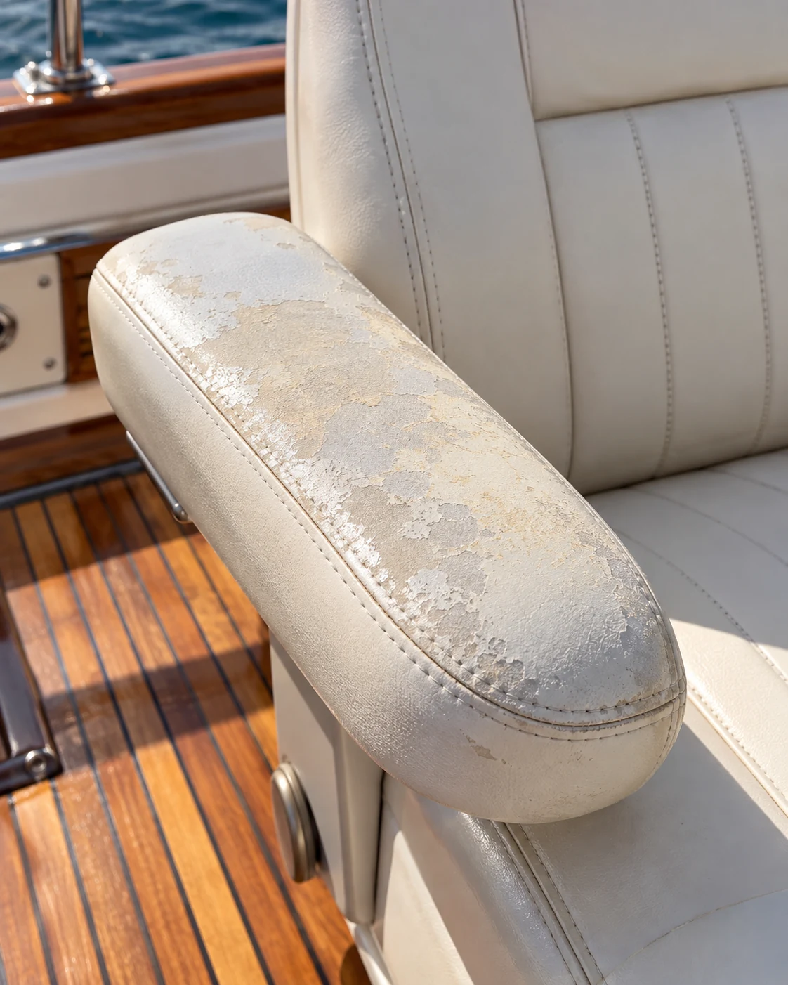 A faded, patchy boat seat armrest