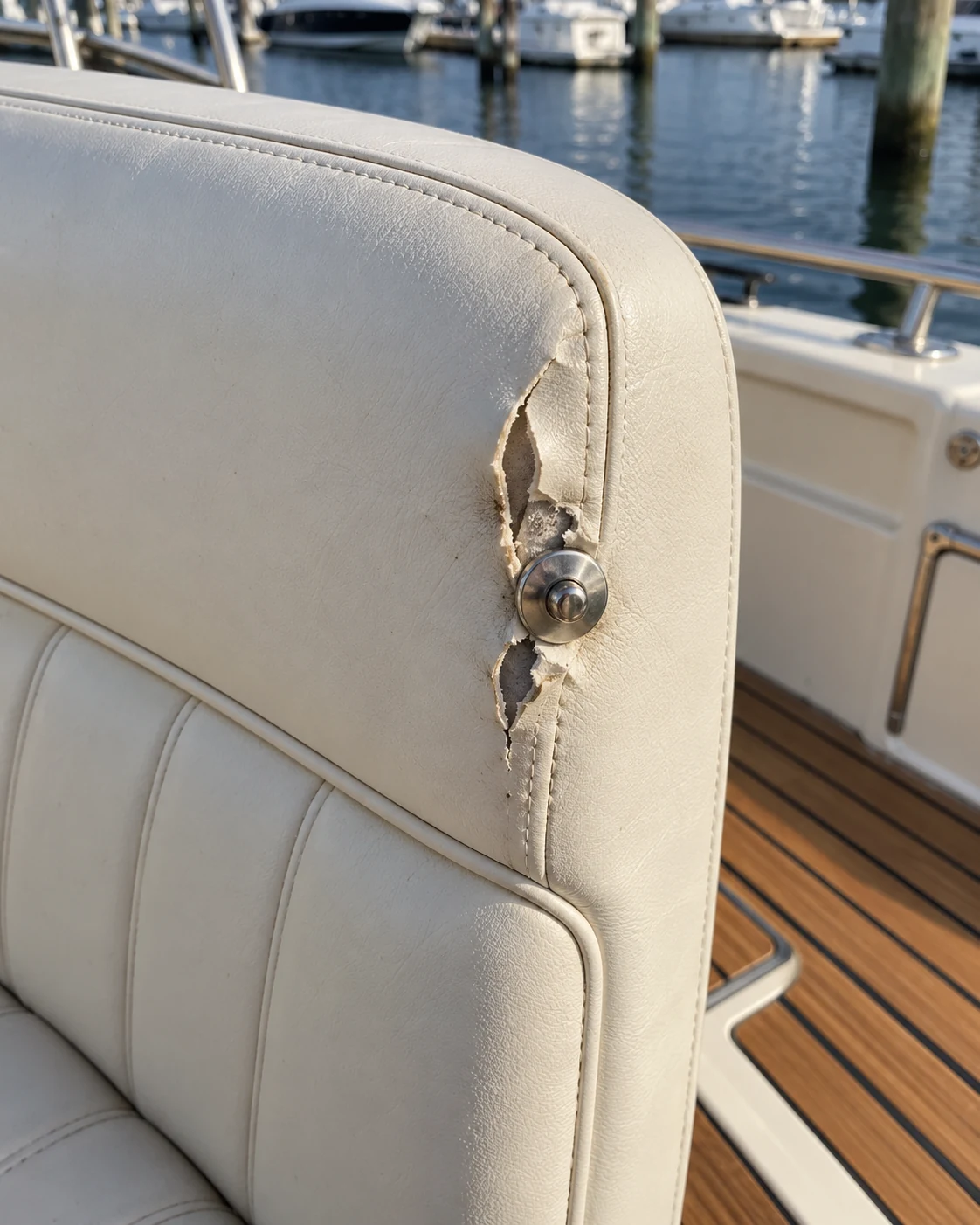 A boat seat back with a snap torn through