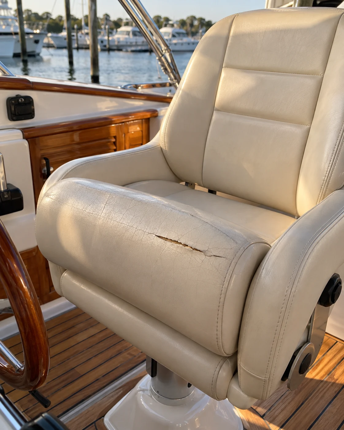 A cream boat seat with a split bolster