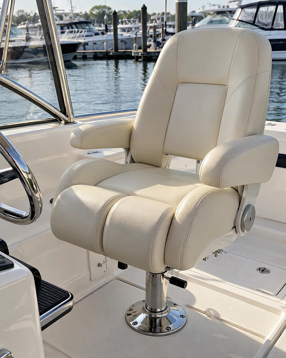 A helm seat with a split bolster