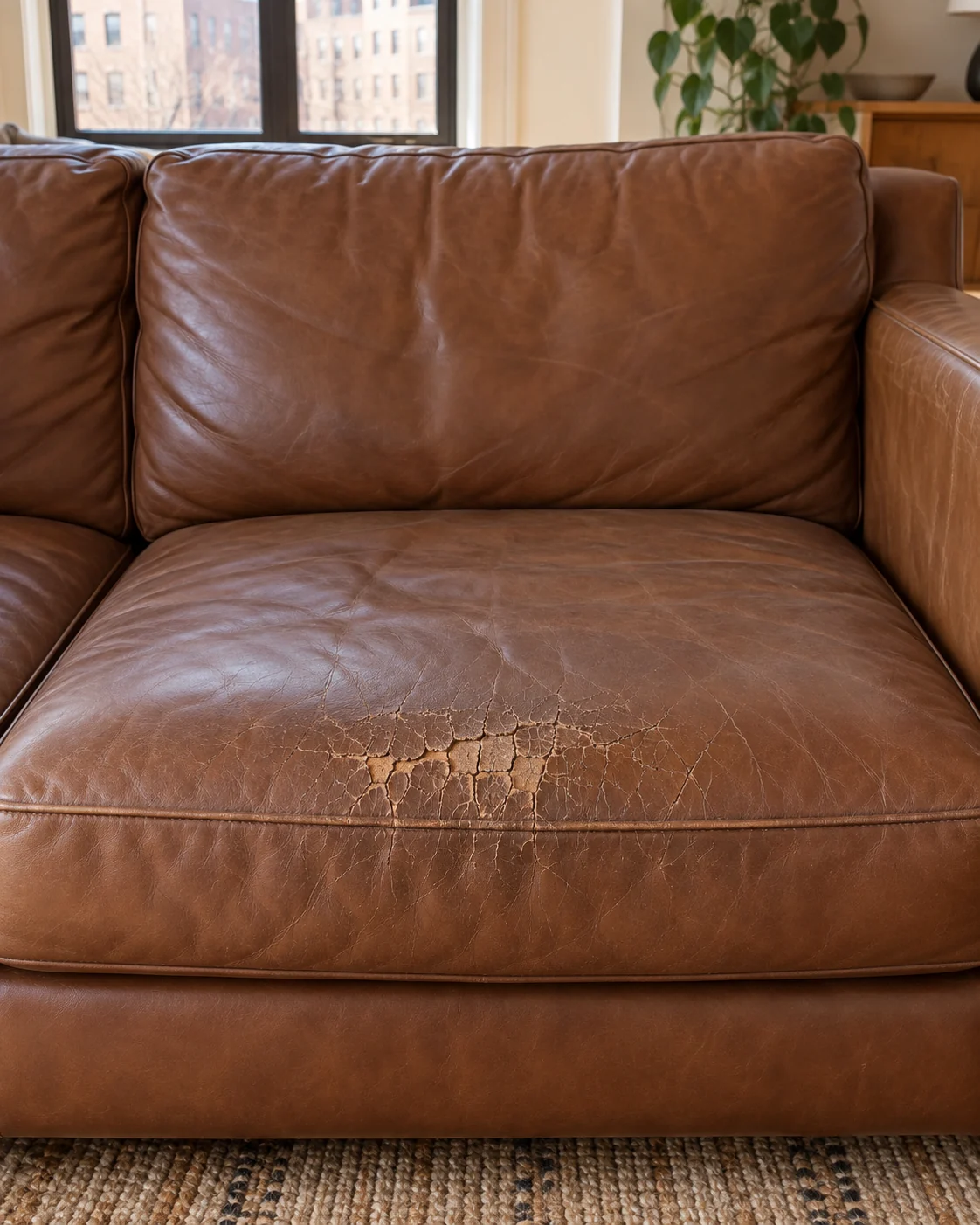 A cracked, dried leather sofa seat
