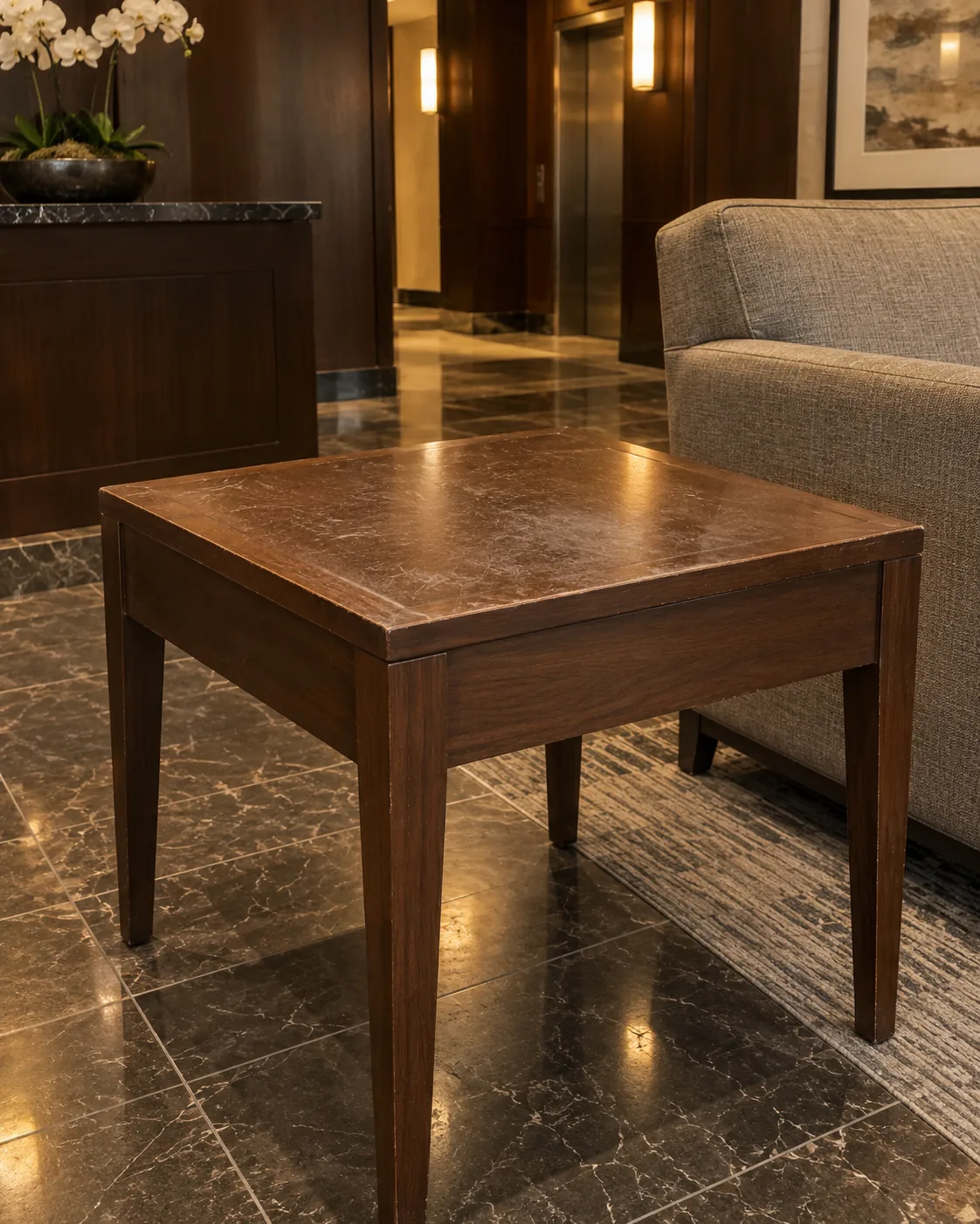 A wood lobby table with a scratched, dull top