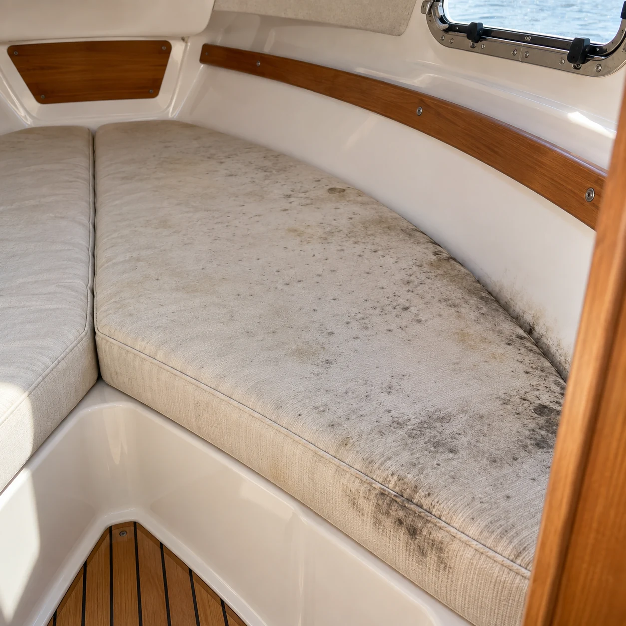 A mildewed cabin cushion before reupholstery