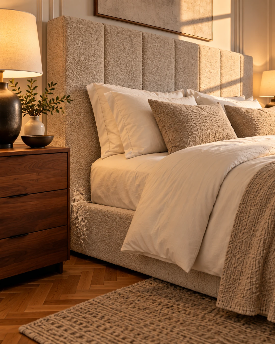 A headboard corner rubbed pale and pilled