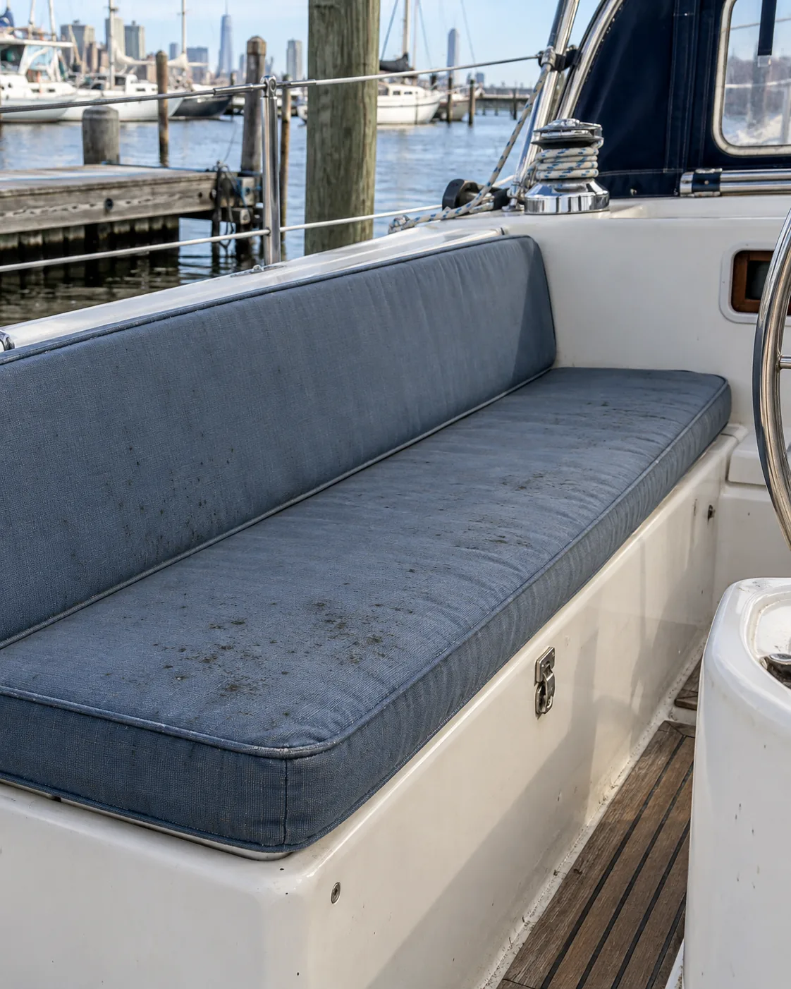 A sailboat cockpit cushion with mildew spotting