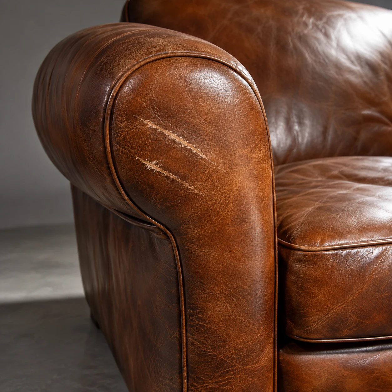 A scuffed prop sofa arm before repair